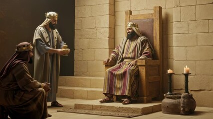 Three wise men visit King Herod, depicting a biblical scene of the adoration of the magi for historical or religious projects.