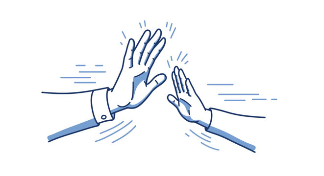 Illustrated high-five gesture between two hands in blue outline vector illustration