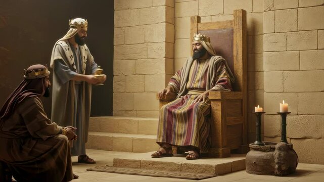 Three wise men visit King Herod, depicting a biblical scene of the adoration of the magi for historical or religious projects.