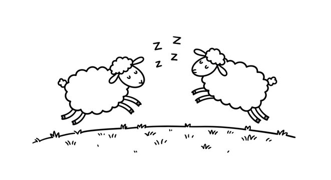 Two cartoon sheep jumping over hill pasture in black and white line art vector illustration