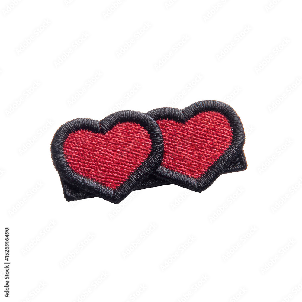 Poster two embroidered red heart patches with black borders are placed side by side, creating charming and 