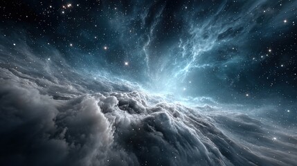 Fototapeta premium A breathtaking cosmic explosion fills deep space with luminous clouds and shining stars. Swirling structures create an awe-inspiring view of the universe's beauty and mystery.