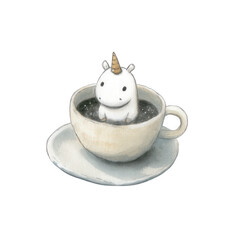 Cute unicorn character in a cup of black coffee with a whimsical touch