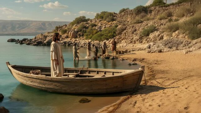Jesus Christ stands by a wooden boat on the shore of a large lake. Biblical scene inspired by religion footage.
