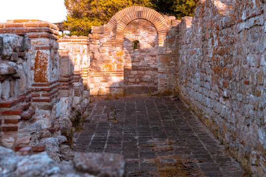 The ancient ruins of what appears to be the Holy Mother Eleusa Church in Nessebar a site rich with historical significance. The structure features characteristic that suggest its former grandeur