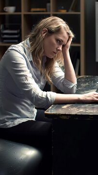 Young caucasian woman in light blue shirt, black trousers, slouched on grey fitness ball at dark office desk, resting head, staring blankly at computer. High-contrast lighting, dramatic shadows,