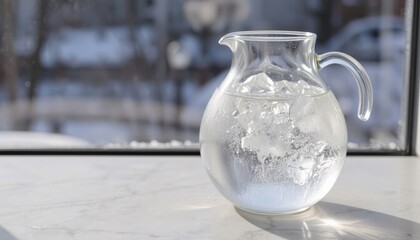 Clear glass pitcher with ice water on marble countertop against snowy window background
