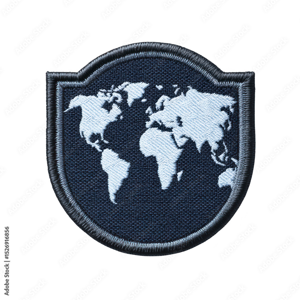 Poster shield shaped embroidered patch features world map design in white on transparency background, symbo