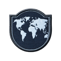 Shield shaped embroidered patch features world map design in white on transparency background, symbolizing global unity and exploration
