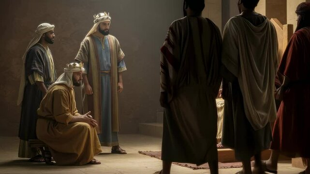 Three kings arriving to meet Herod, illustrating biblical narrative of Magi visiting the king from birth of Jesus Christ event.