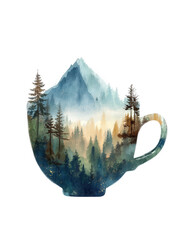 Mountain Landscape Inside a Teacup with Forests and Misty Background