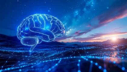 Human brain connecting with environment and ai across a vast surreal landscape