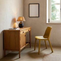 Fototapeta premium Cozy and serene interior corner featuring a wooden console table with a glowing rattan lamp and a yellow chair, against a warm, minimalist wall and a bright window ai generated images ai generative