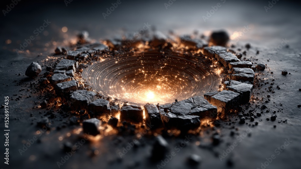 Poster a swirling cosmic vortex is depicted at the center, encircled by jagged rocks. the vortex emits a wa