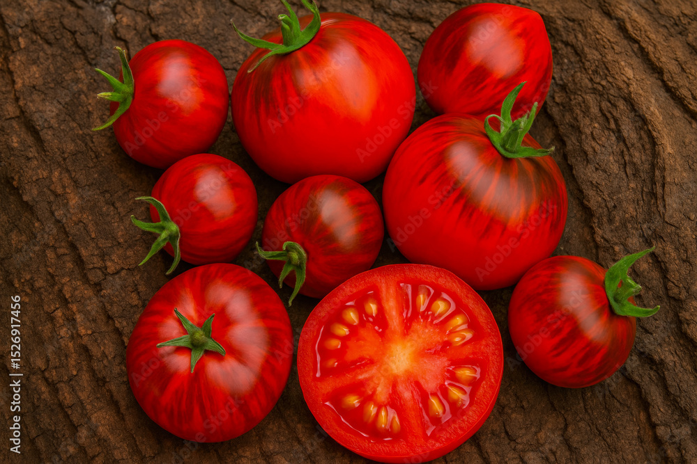 Poster freshly harvested ripe tomatoes arranged on rustic wooden surface with one sliced in half