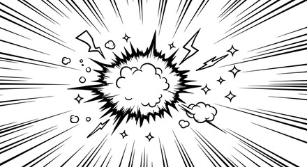 Dynamic comic book explosion with black and white impact lines and stars vector illustration
