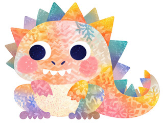 Colorful Cute Cartoon Dinosaur Character with Geometric Patterns and Texture