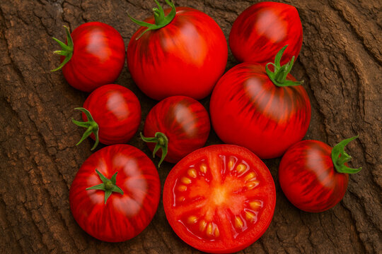 Freshly harvested ripe tomatoes arranged on rustic wooden surface with one sliced in half