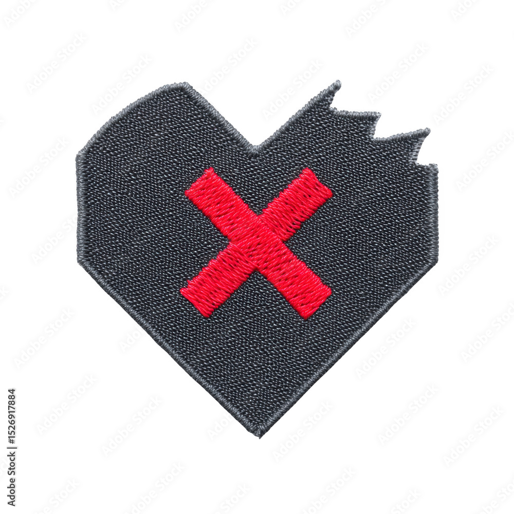 Poster gray fabric patch in shape of heart features red embroidered x in center, symbolizing rejection or h