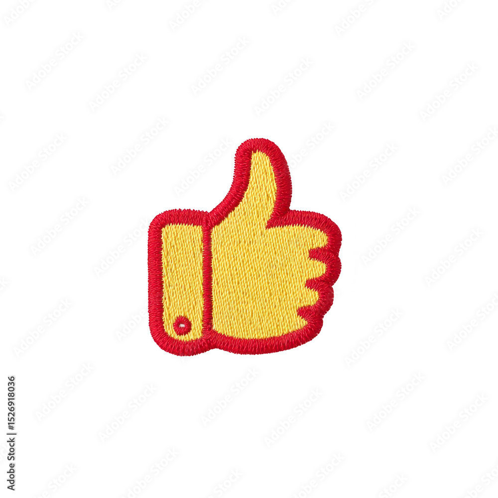Poster yellow thumbs up patch with red border, symbolizing approval or positivity. design is simple and bol