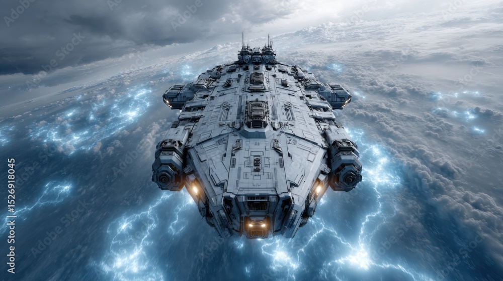 Aufkleber a futuristic spaceship glides through turbulent stormy skies filled with dark clouds and flashes of 