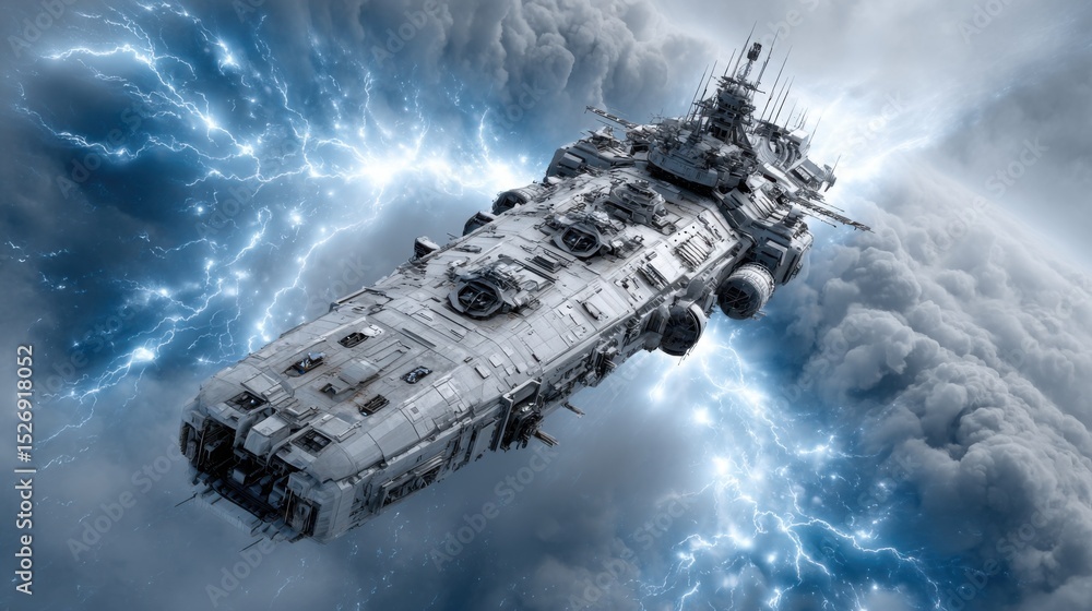 Poster a futuristic spaceship glides through turbulent clouds, illuminated by bright flashes of lightning.