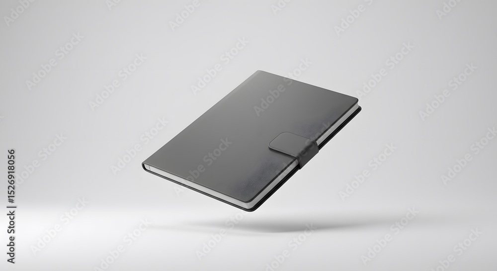 Poster elegant black notebook mockup floating on white background: perfect for branding and design presenta