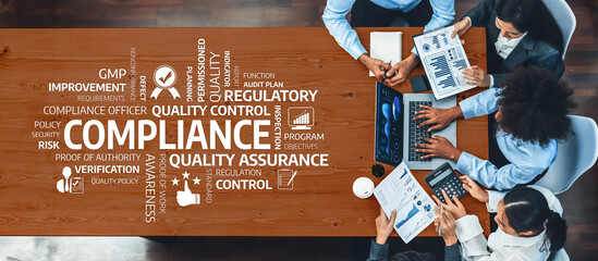 Panorama top view multiracial analyst team use BI dashboard display on laptop screen, analyzing financial data for strategic decision. Fintech analyzes marketing indicators. Concord Amity
