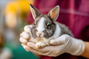 A rabbit with gray and white fur is gently held by a person wearing gloves in a veterinary clinic. The environment is bright and filled with pet care items, reflecting a caring atmosphere.