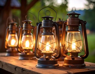 Vintage lanterns on a rustic table