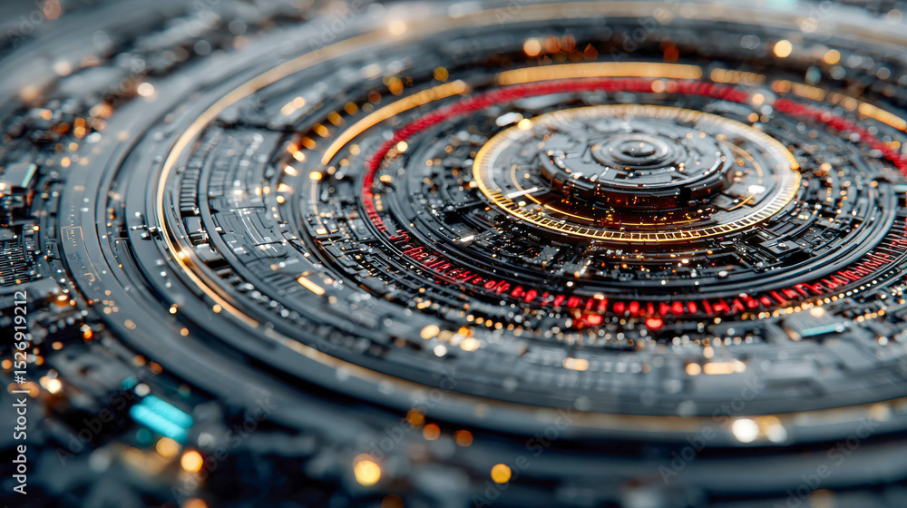 Poster close-up of a complex circular technological interface, glowing with vibrant red and gold lights, re