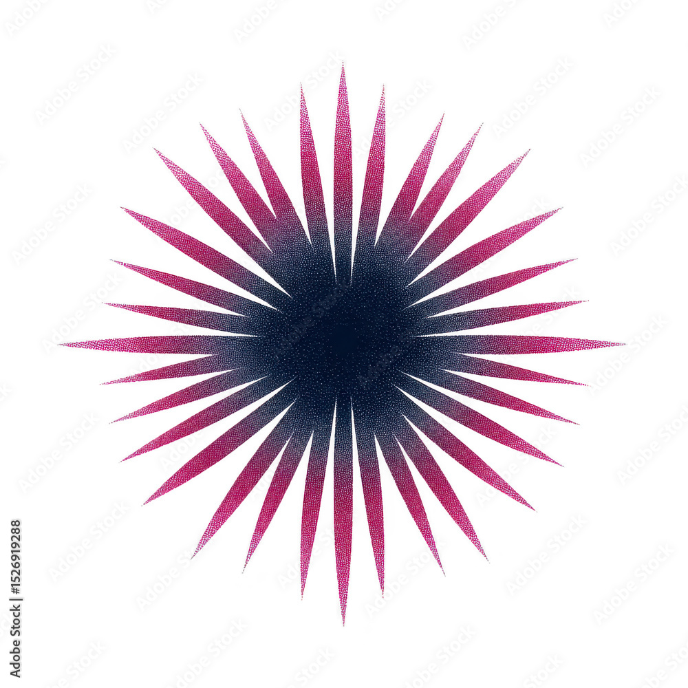 Poster vibrant, abstract starburst design with sharp, pointed edges radiating from dark center, transitioni