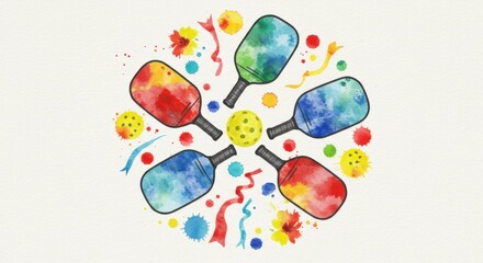 Colorful watercolor illustration of pickleball paddles and a yellow ball arranged in a festive circular pattern
