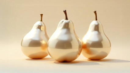 Still life of pears with golden texture, glossy pearly luster, pearlescent shine. Pear on pastel background