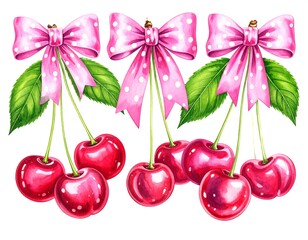 Watercolor cherries with pink bows