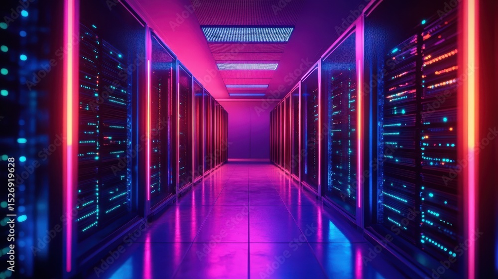 Poster glowing server rack in data center.