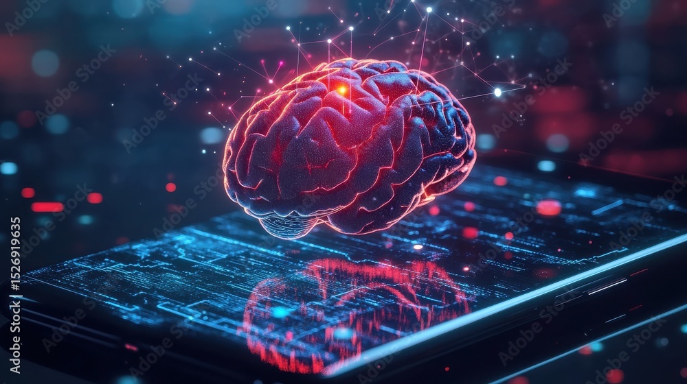 Poster futuristic depiction of a human brain with digital data streams emanating from a smartphone, symboli