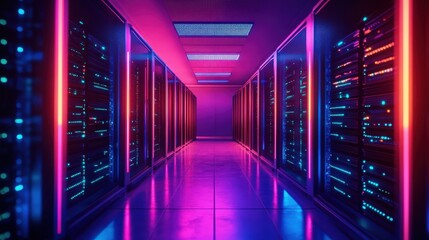 Glowing server rack in data center.
