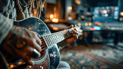 Fototapeta premium Close-up of a tattooed musician strumming a guitar in a warmly lit recording studio, surrounded by audio equipment and bokeh lights