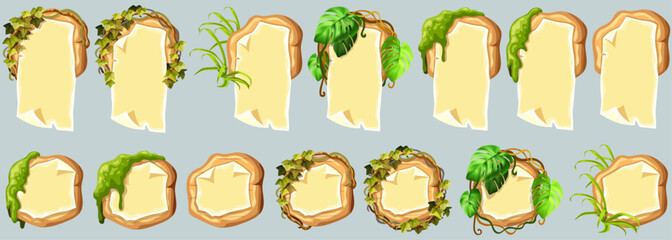 Wooden signboards with old paper, stems ivy, liana, grapes, vine, swamp moss, forest lichen. Set blank invitations, maps, jungle plants. 3d elements for messages, banners, notebooks, mobile games.