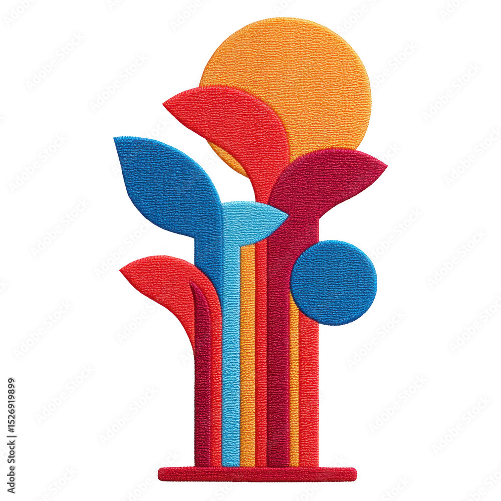 Poster vibrant abstract design featuring colorful geometric shapes resembling leaves and sun, creating dyna