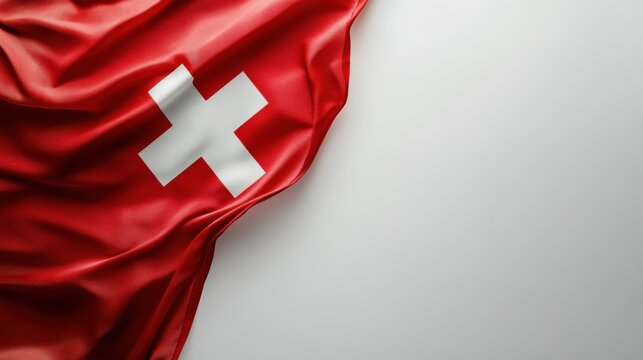 Top view of a Swiss flag on a white surface, featuring ample empty space for text