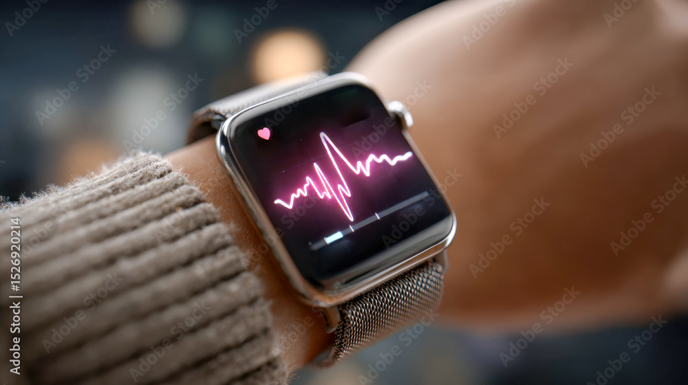 Poster close-up of a smartwatch on a wrist displaying a glowing heart rate graph with a heart icon on the s