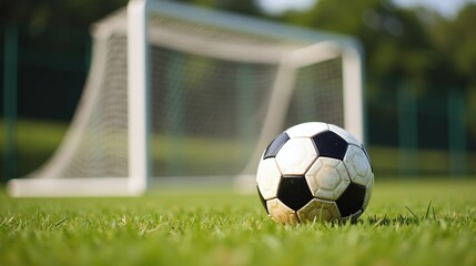 A worn soccer ball rests on lush green grass before a blurred goalpost.