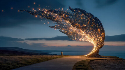 Fototapeta premium A dramatic rock formation glowing from within, shaped like a wing or flame, under a starry twilight sky