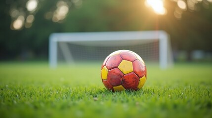 A soccer ball lies on lush grass, with a blurred goal post in the background.