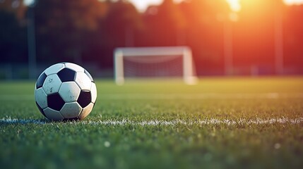 A soccer ball rests on a grassy field at sunset.