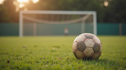 Soccer ball resting on lush grass, with goalpost and sunset in background.