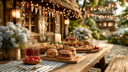 Fototapeta premium A charming rustic table set outdoors features croissants, strawberries, and juice with lush flowers and candles creating a cozy summer ambiance