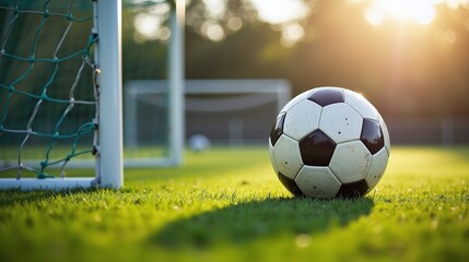 Soccer ball lying on grass near goal post, sun rays emerging from behind trees.